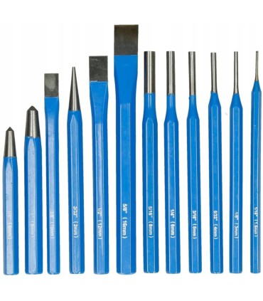 ZESTAW PUNKTAKÓW, PRZECINAKÓW I WYBIJAKÓW 12 ELEMENTÓW STAL CrV HARTOWANE