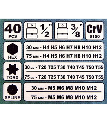 ZESTAW KLUCZY TORX HEX SPLINE 40 EL 30/75 MM UCHWYTY 1/2 3/8