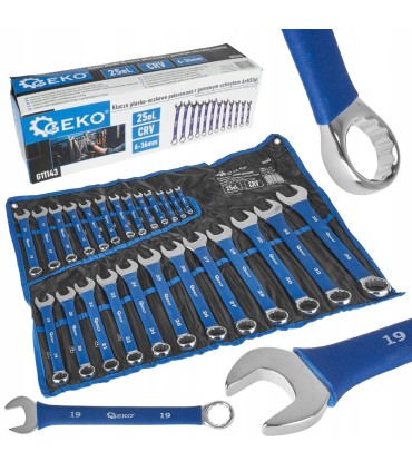 KLUCZE PŁASKO-OCZKOWE POLEROWANE GUMOWY UCHWYT 6-36mm 25 ELEMENTÓW