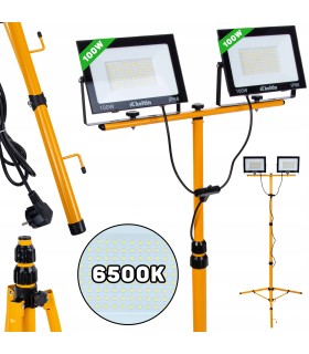 Naświetlacz LED 2x100W ze statywem budowlanym teleskopowym i przewodem – barwa biała zimna 6500K
