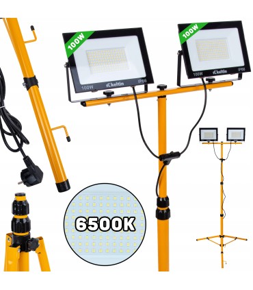 Naświetlacz LED 2x100W ze statywem budowlanym teleskopowym i przewodem – barwa biała zimna 6500K