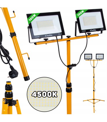 Naświetlacz LED 2x100W ze statywem budowlanym teleskopowym i przewodem – barwa biała neutralna 4500K