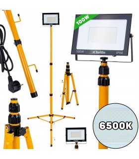 Naświetlacz LED 100W ze statywem budowlanym teleskopowym i przewodem – barwa biała zimna 6500K