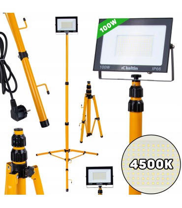 Naświetlacz LED 100W ze statywem budowlanym teleskopowym i przewodem – barwa biała neutralna 4500K