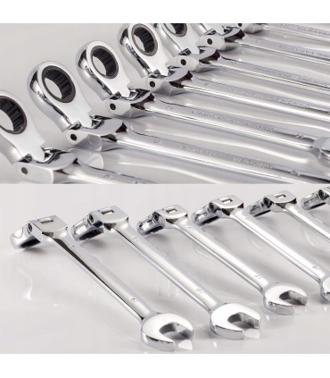 Kpl. kluczy płasko-oczkowych z grzechotką łamanych 12 el. 8-19mm