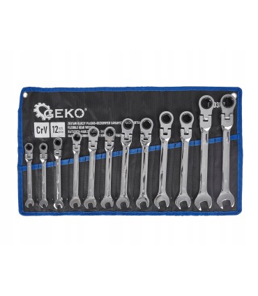 Kpl. kluczy płasko-oczkowych z grzechotką łamanych 12 el. 8-19mm