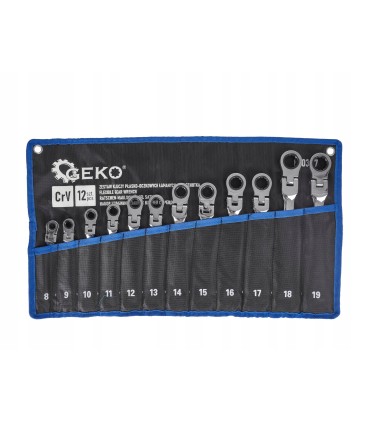 Kpl. kluczy płasko-oczkowych z grzechotką łamanych 12 el. 8-19mm