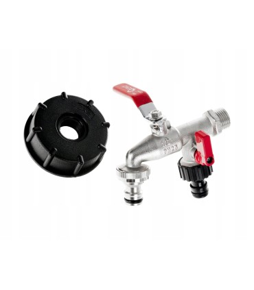 Zestaw – IBC nakrętka S60x6 + kran 1/2" podwójny z wyjściami na GZ 3/4" + dwa nyple do szybkozłączy – mauser (30)