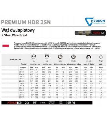 Premium Wąż hydrauliczny DN25 2SN (1') 165 bar