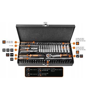 KLUCZE NASADOWE 1/4'' ZESTAW 63SZT NEO GRZECHOTKA PROFESJONALNE STAL CrV
