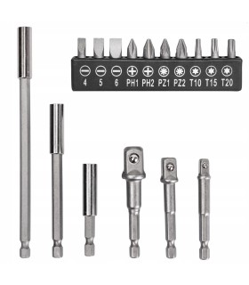 REDUKCJE ADAPTERY NA NASADKI DO WKRĘTARKI BITY PRZEDŁUŻKI ZESTAW 16 EL.