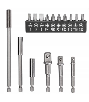 REDUKCJE ADAPTERY NA NASADKI DO WKRĘTARKI BITY PRZEDŁUŻKI ZESTAW 16 EL.