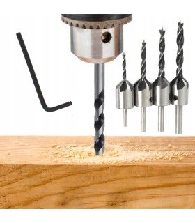 WIERTŁA Z POGŁĘBIACZEM DO DREWNA REGULOWANE KOMPLET 4SZT 3-6MM + IMBUS HSS