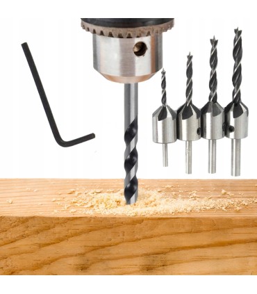 WIERTŁA Z POGŁĘBIACZEM DO DREWNA REGULOWANE KOMPLET 4SZT 3-6MM + IMBUS HSS