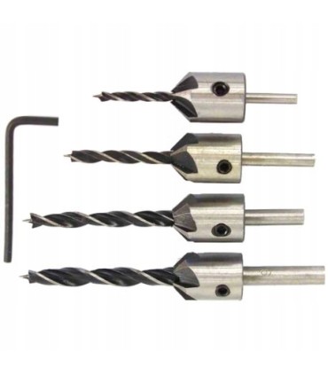 WIERTŁA Z POGŁĘBIACZEM DO DREWNA REGULOWANE KOMPLET 4SZT 3-6MM + IMBUS HSS