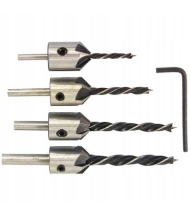 WIERTŁA Z POGŁĘBIACZEM DO DREWNA REGULOWANE KOMPLET 4SZT 3-6MM + IMBUS HSS
