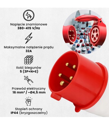 WTYCZKA SIŁOWA PRZENOŚNA 415V 5 PINÓW IP44 5P WTYK 62x140MM ZACISKI ŚRUBOWE